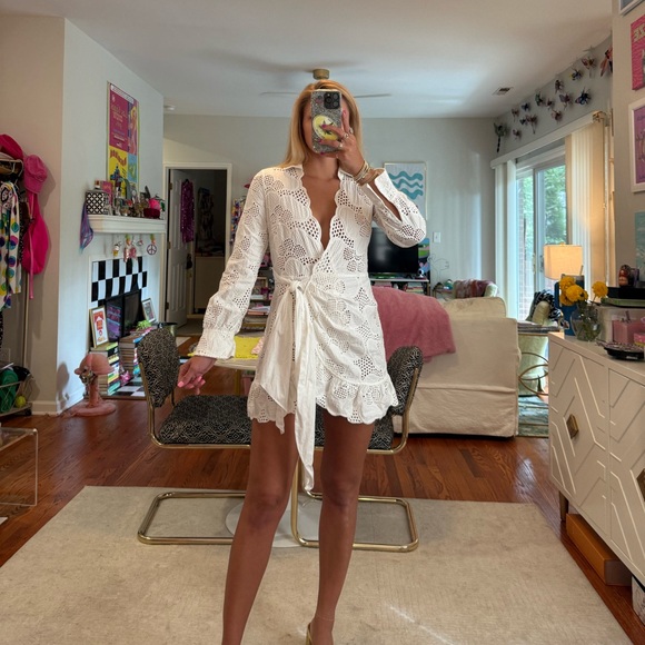 SELF PORTRAIT WHITE BRODERIE FLORAL EYELET WRAP DRESS SIZE 2 XS FIT. SASH SPOT - Picture 6 of 6